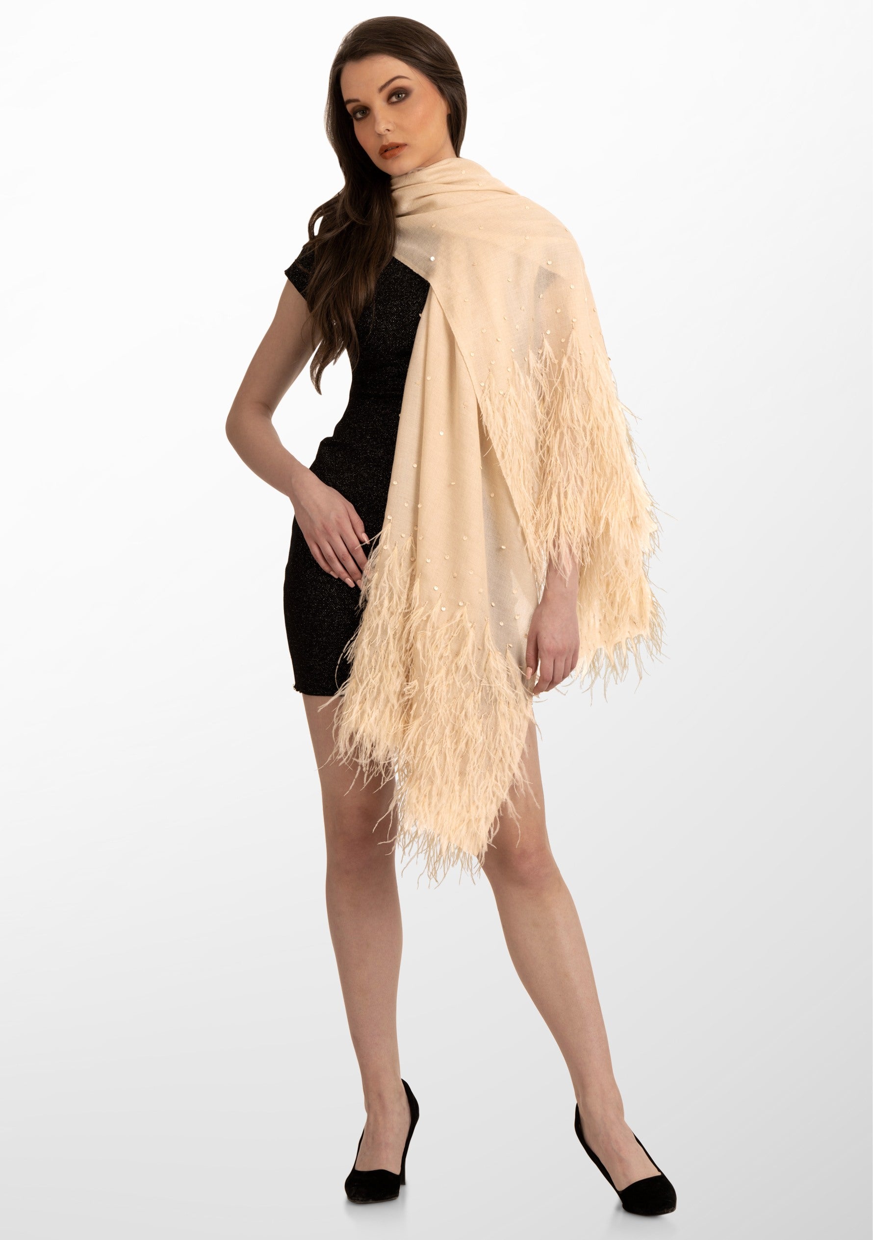 Beige Cashmere Scarf with Beige Ostrich Feathers and Beige Sequin