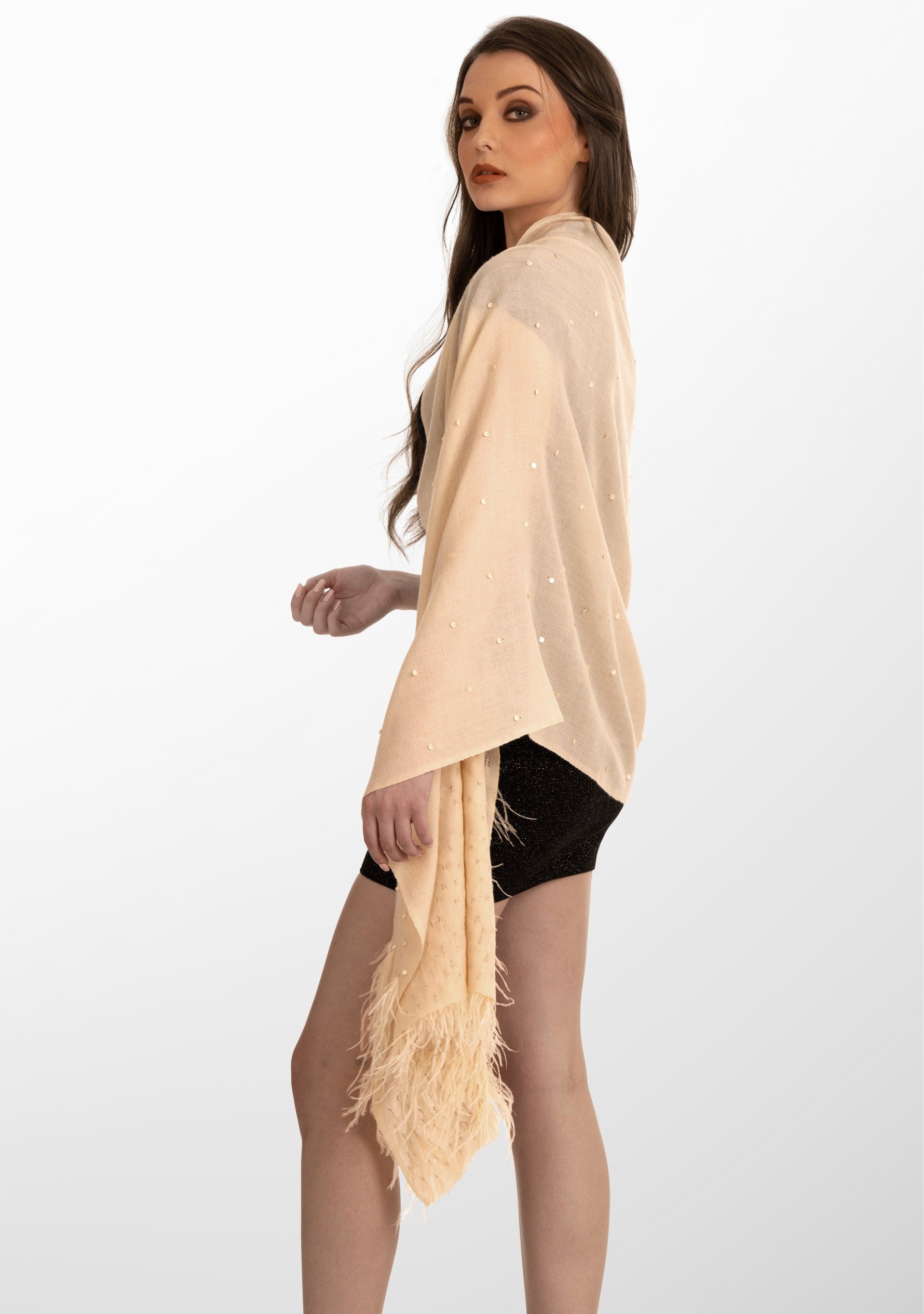 Beige Cashmere Scarf with Beige Ostrich Feathers and Beige Sequin