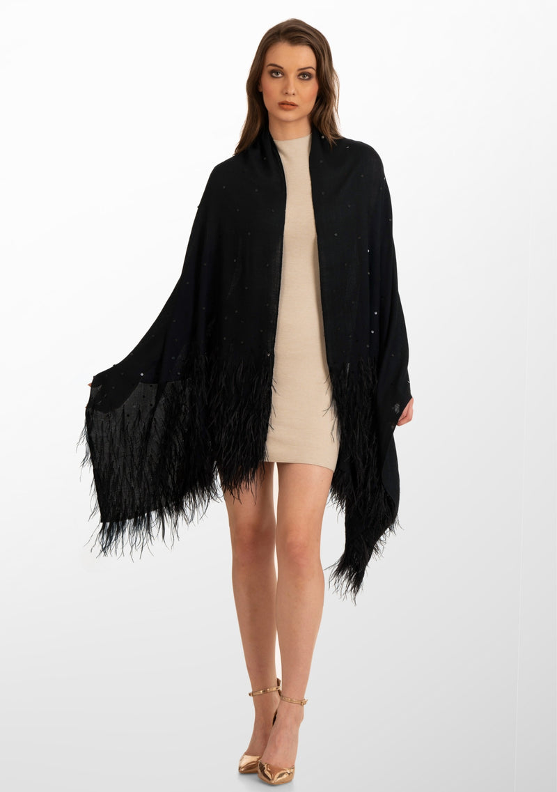 Black Cashmere Scarf with Black Ostrich Feathers and Black Sequin
