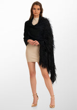 Black Cashmere Scarf with Black Ostrich Feathers and Black Sequin