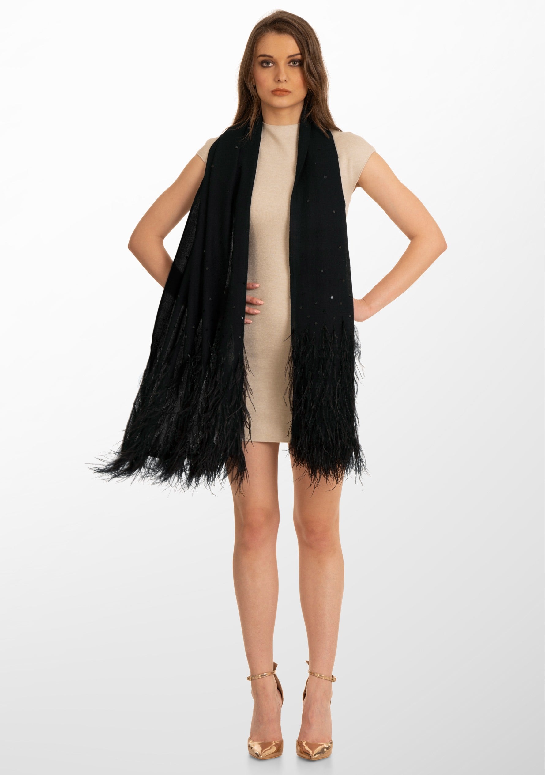 Black Cashmere Scarf with Black Ostrich Feathers and Black Sequin