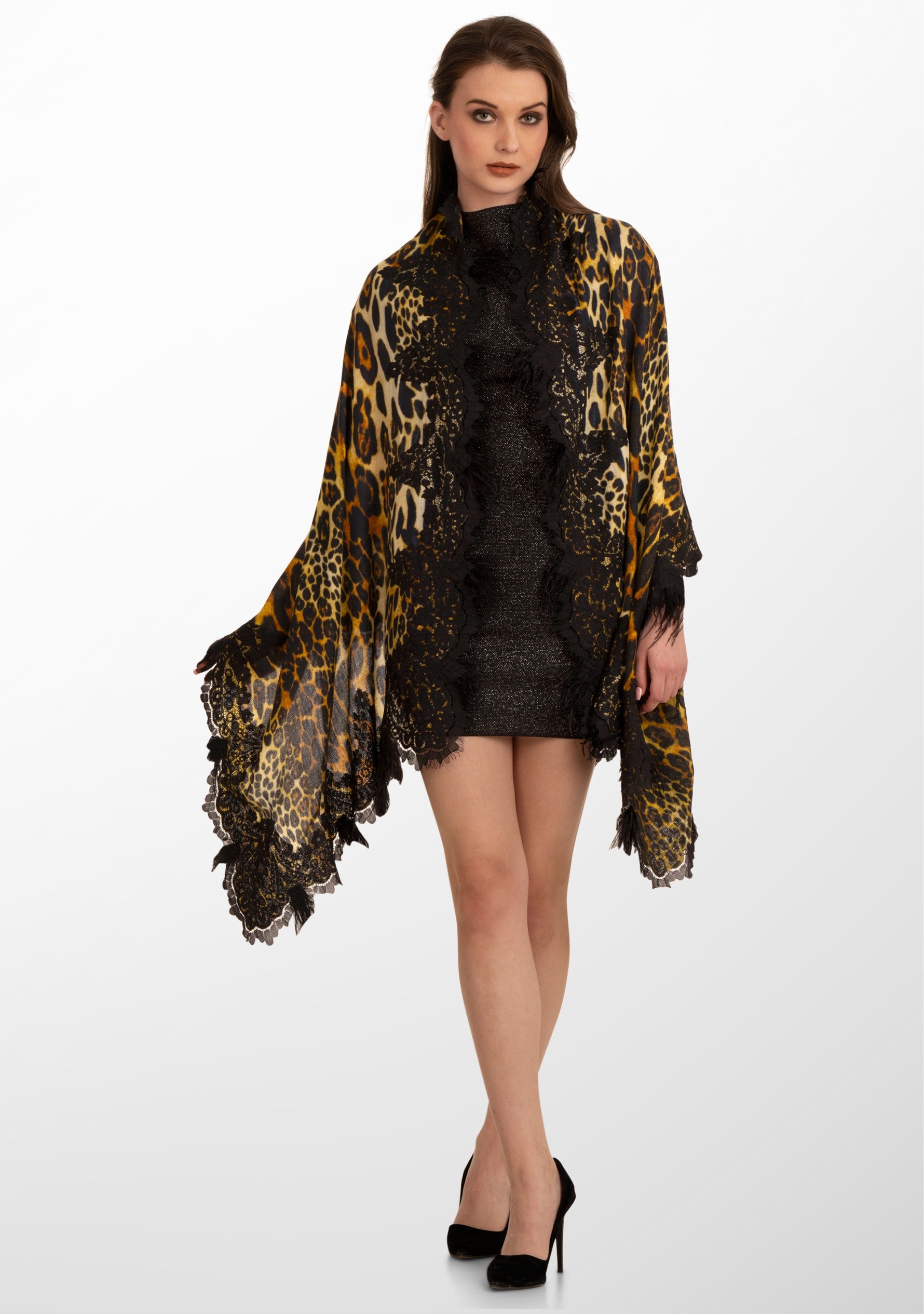 Black Leopard Print Wool and Silk Scarf with a Black Chantilly Lace Border and Black Ostrich Feathers