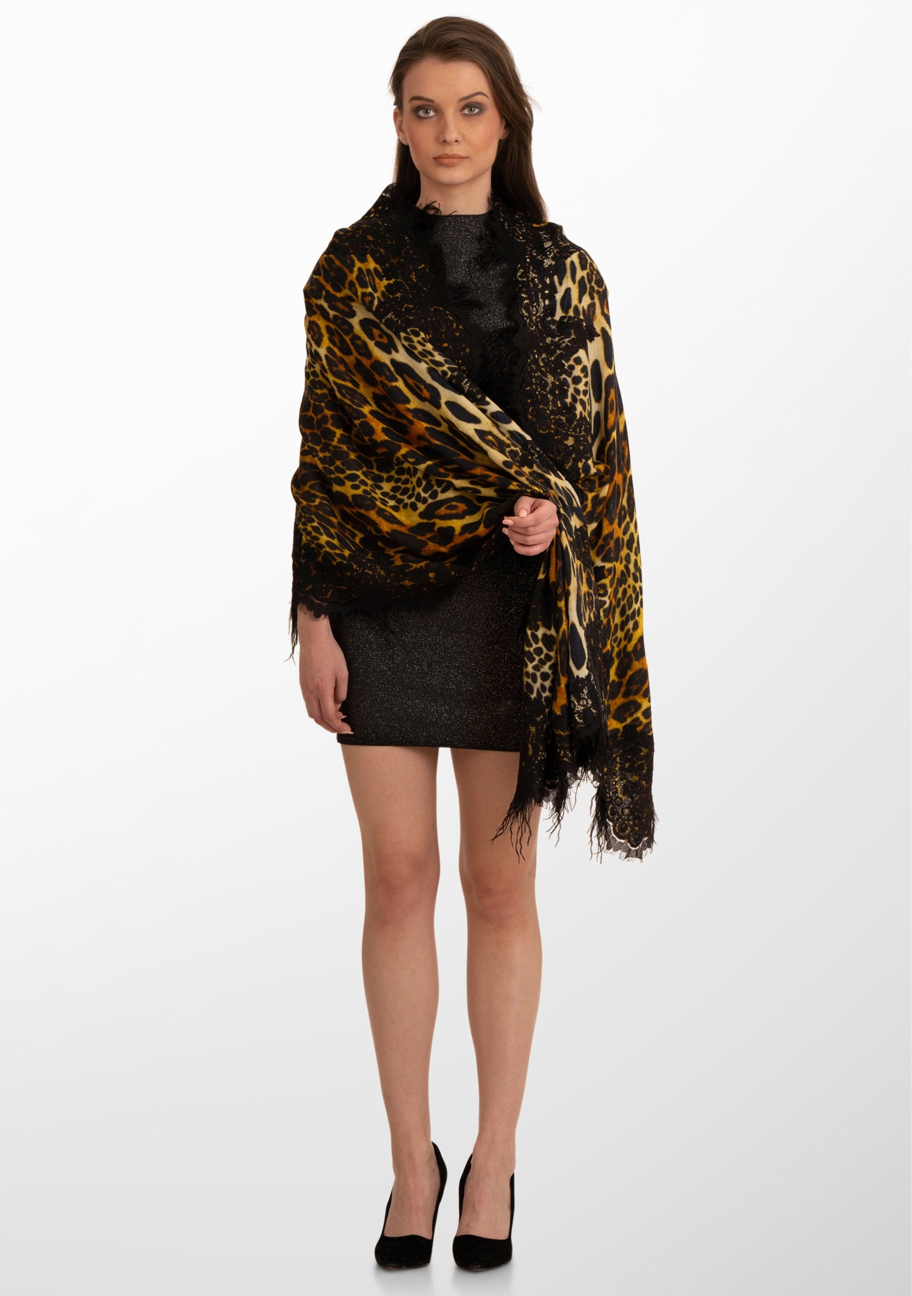 Black Leopard Print Wool and Silk Scarf with a Black Chantilly Lace Border and Black Ostrich Feathers