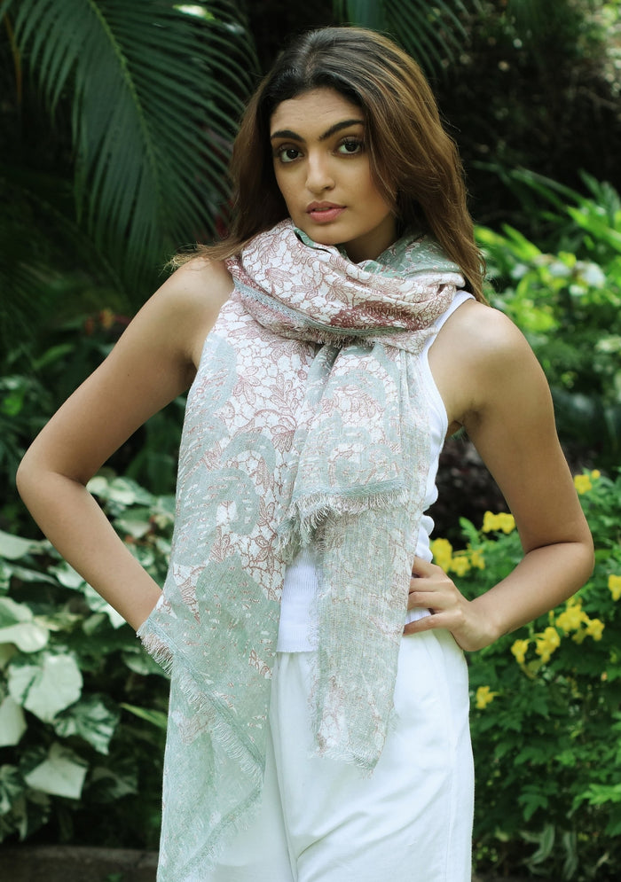 Sage Green & Copper Print Linen Scarf 
Sage Green Lace
