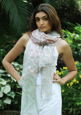 Sage Green and Copper Floral Printed Linen Scarf with a Sage Green Filigree Lace Border