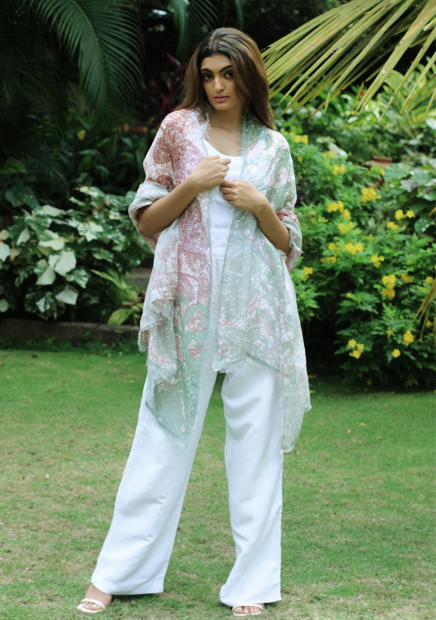 Sage Green and Copper Floral Printed Linen Scarf with a Sage Green Filigree Lace Border