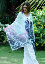 Navy Blue and Denim Blue Floral Printed Linen Scarf with an Ivory Filigree Lace Border