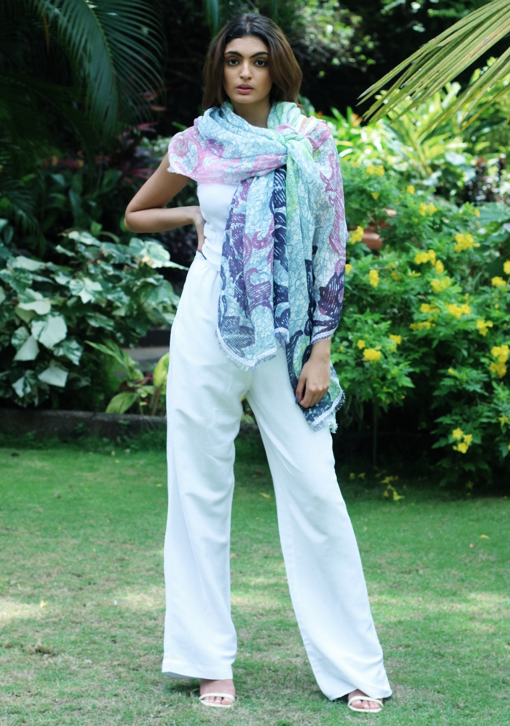 Navy Blue and Denim Blue Floral Printed Linen Scarf with an Ivory Filigree Lace Border