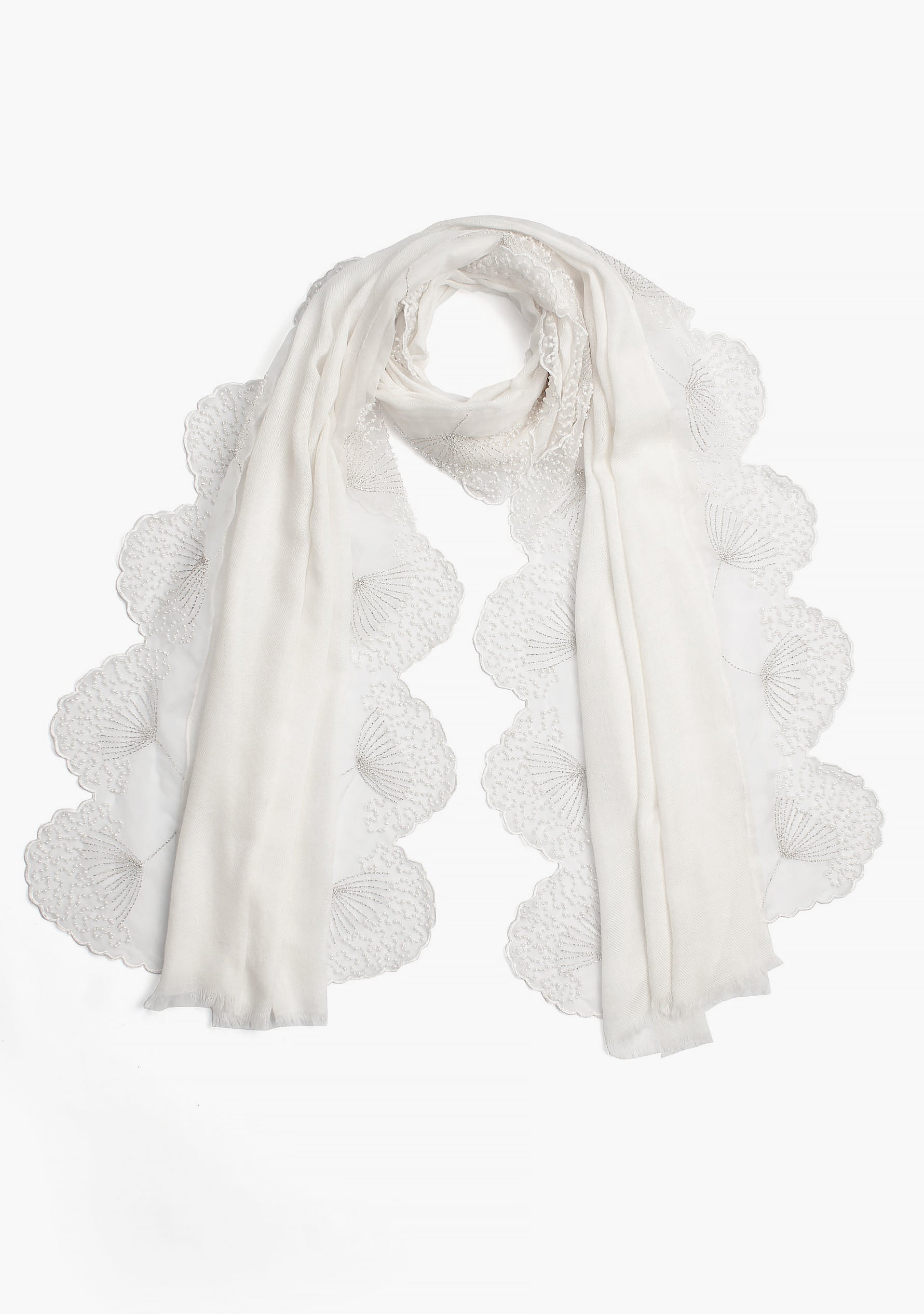 Ivory Cashmere Scarf with Ivory Pearl Embroidered Borders