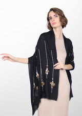 Black Cashmere Scarf with Metallic Bead Embroidery