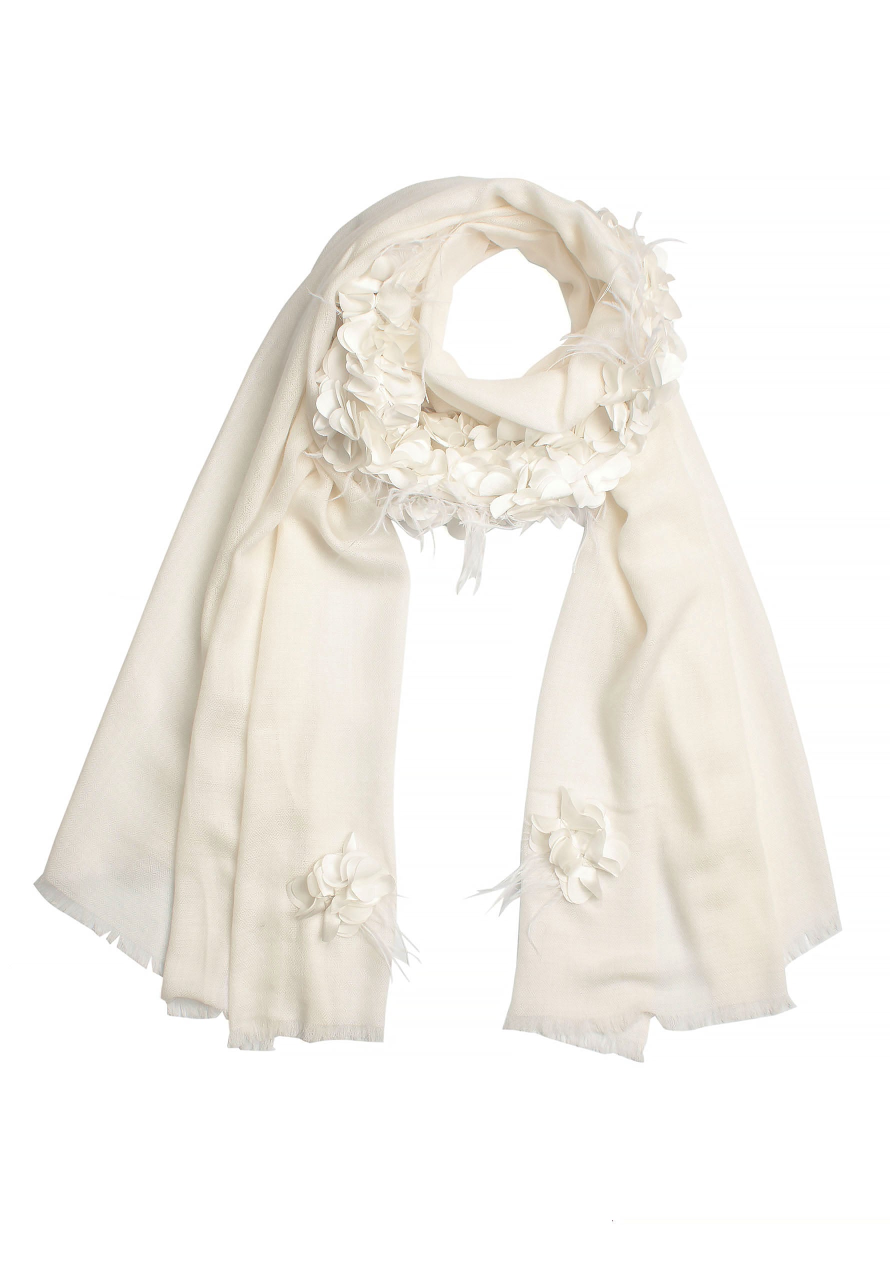 Ivory Cashmere Scarf with an Ivory Feather and Red Satin Leaf Collar and Appliques