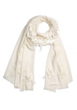 Ivory Cashmere Scarf with a Ivory Feather and Ivory Satin Leaf Collar and Appliques