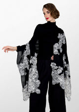 Black Cashmere Scarf with Ivory - Grey Corded Lace