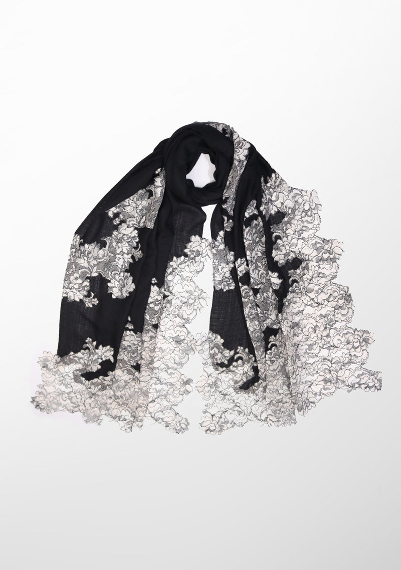 Black Cashmere Scarf with Ivory - Grey Corded Lace