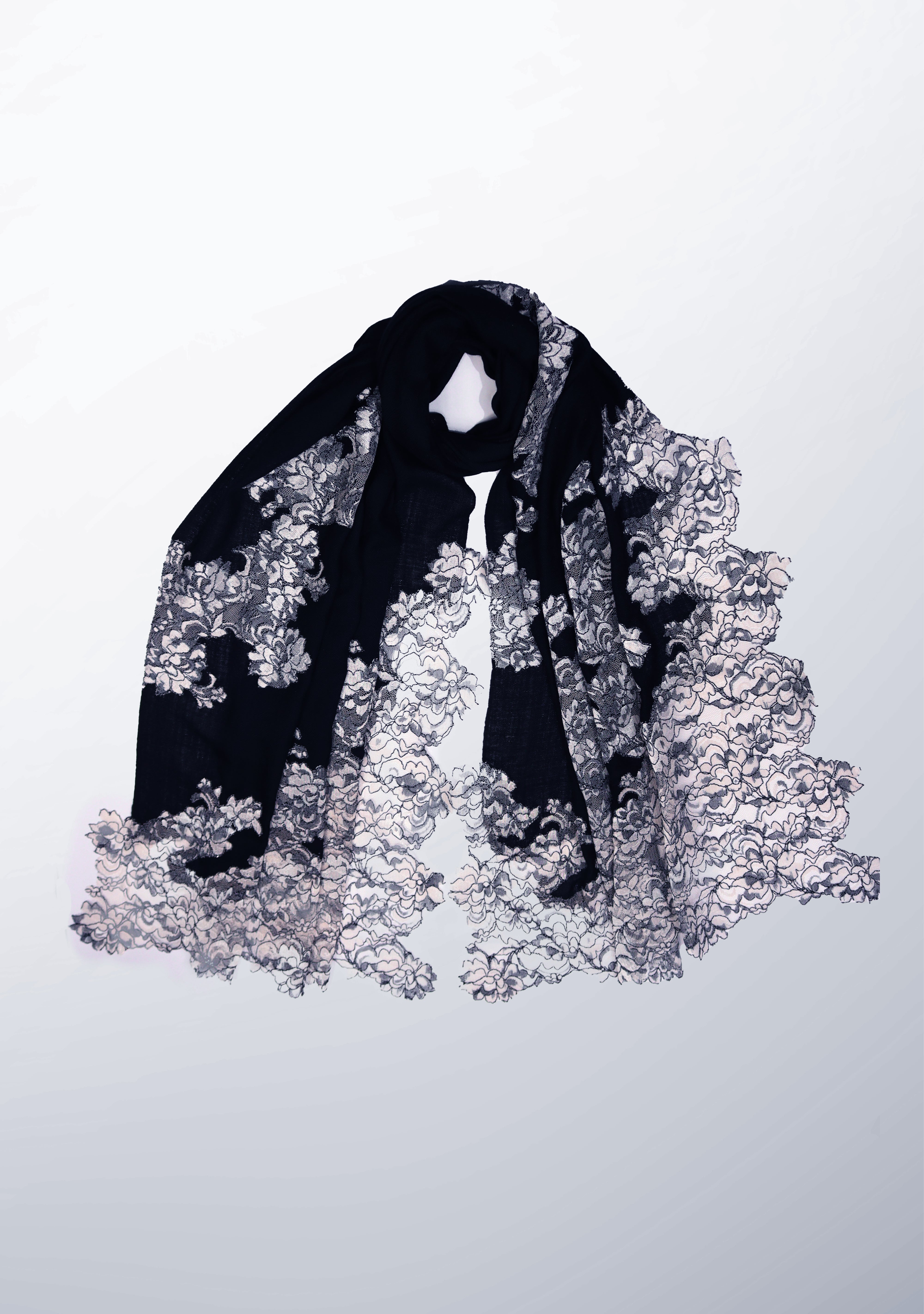 Black Cashmere Scarf with Silver - Black Corded Lace