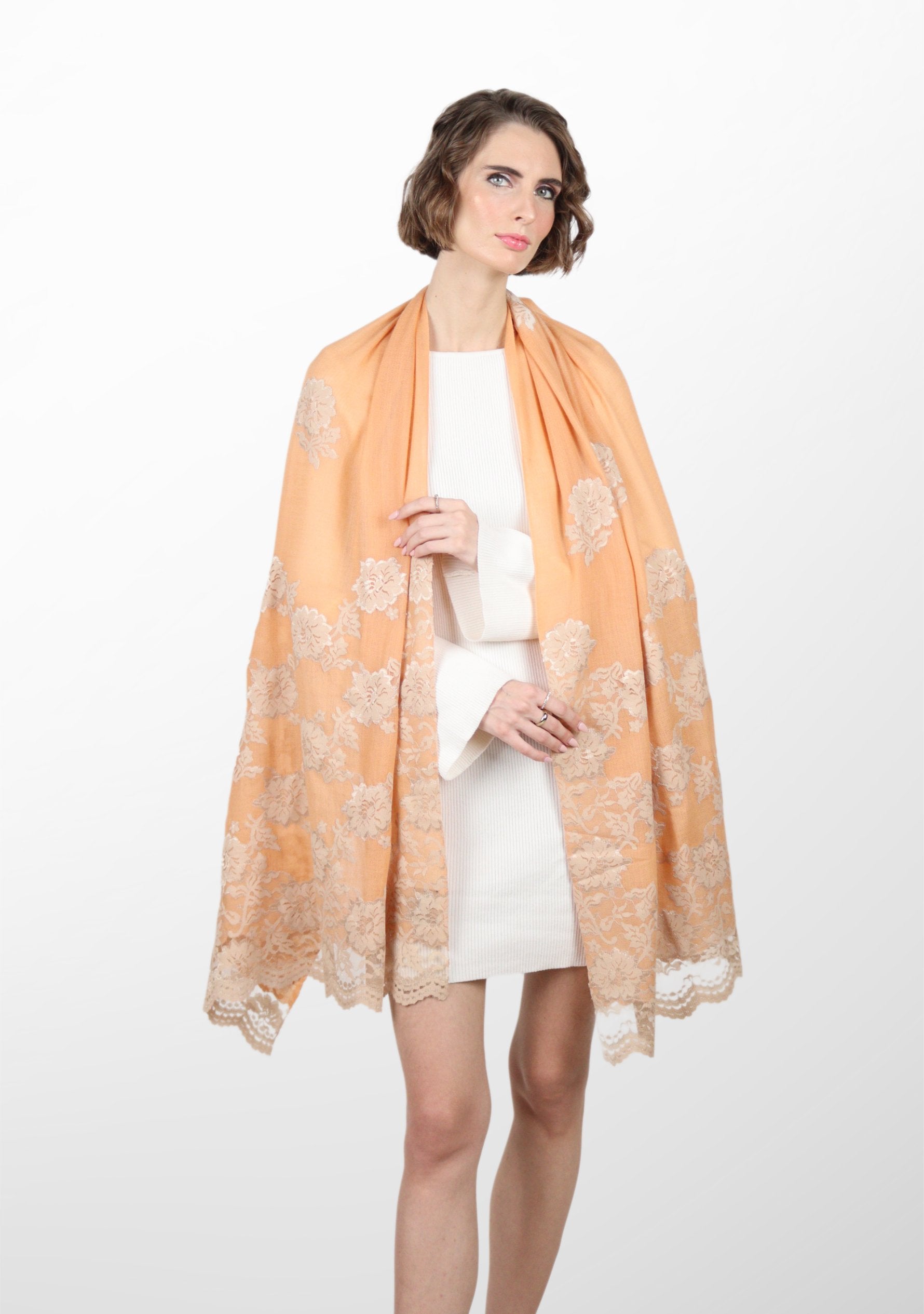 Dusty Orange Cashmere Scarf with Lt. Copper and Pink Chantilly Lace