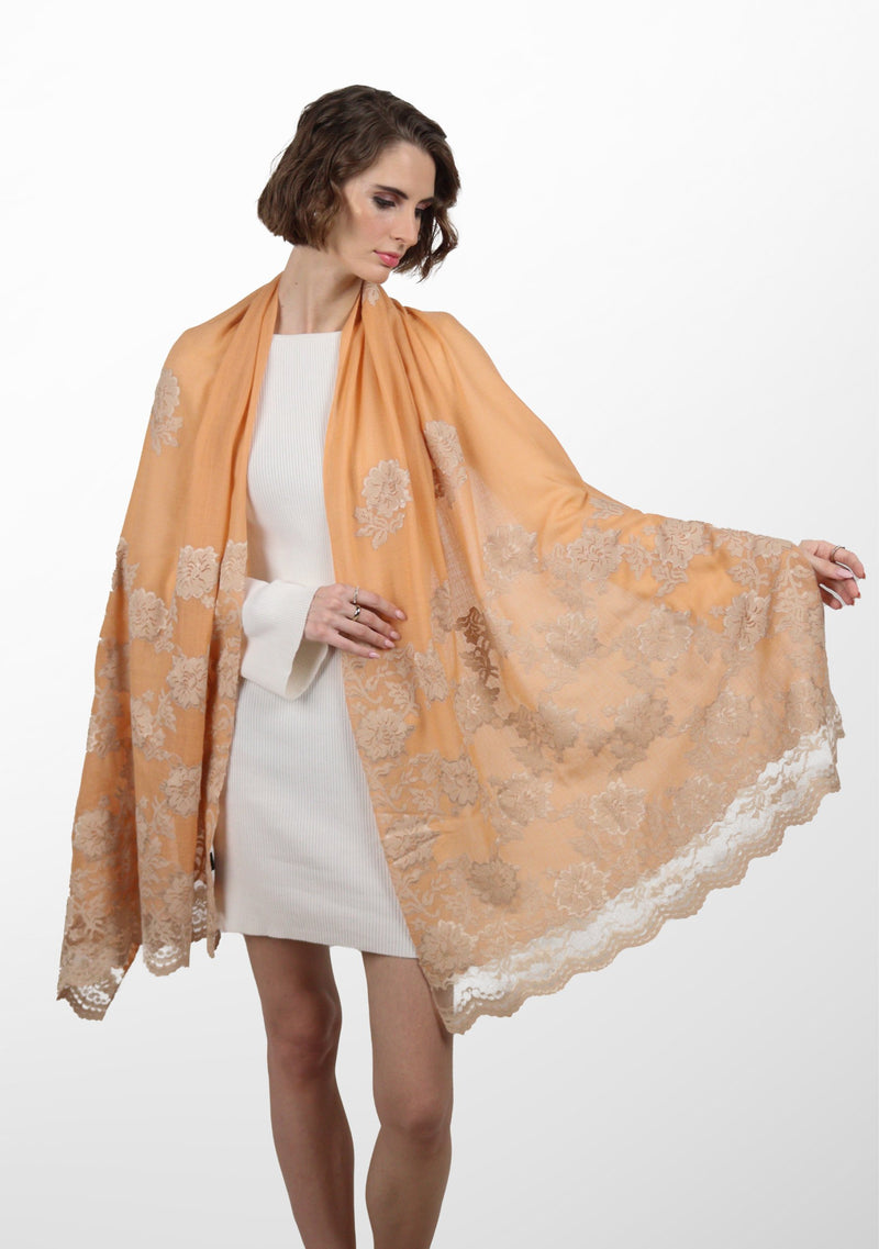 Dusty Orange Cashmere Scarf with Lt. Copper and Pink Chantilly Lace