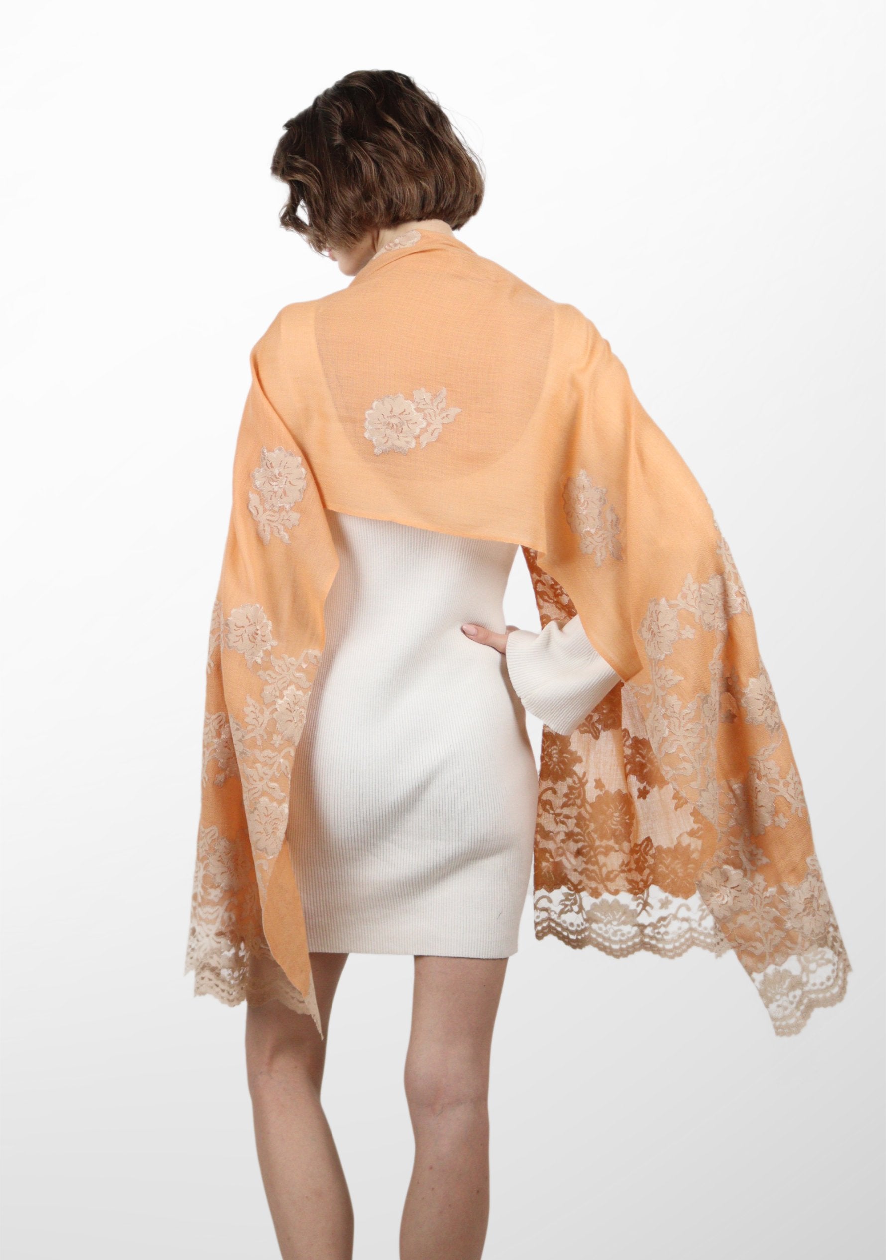 Dusty Orange Cashmere Scarf with Lt. Copper and Pink Chantilly Lace