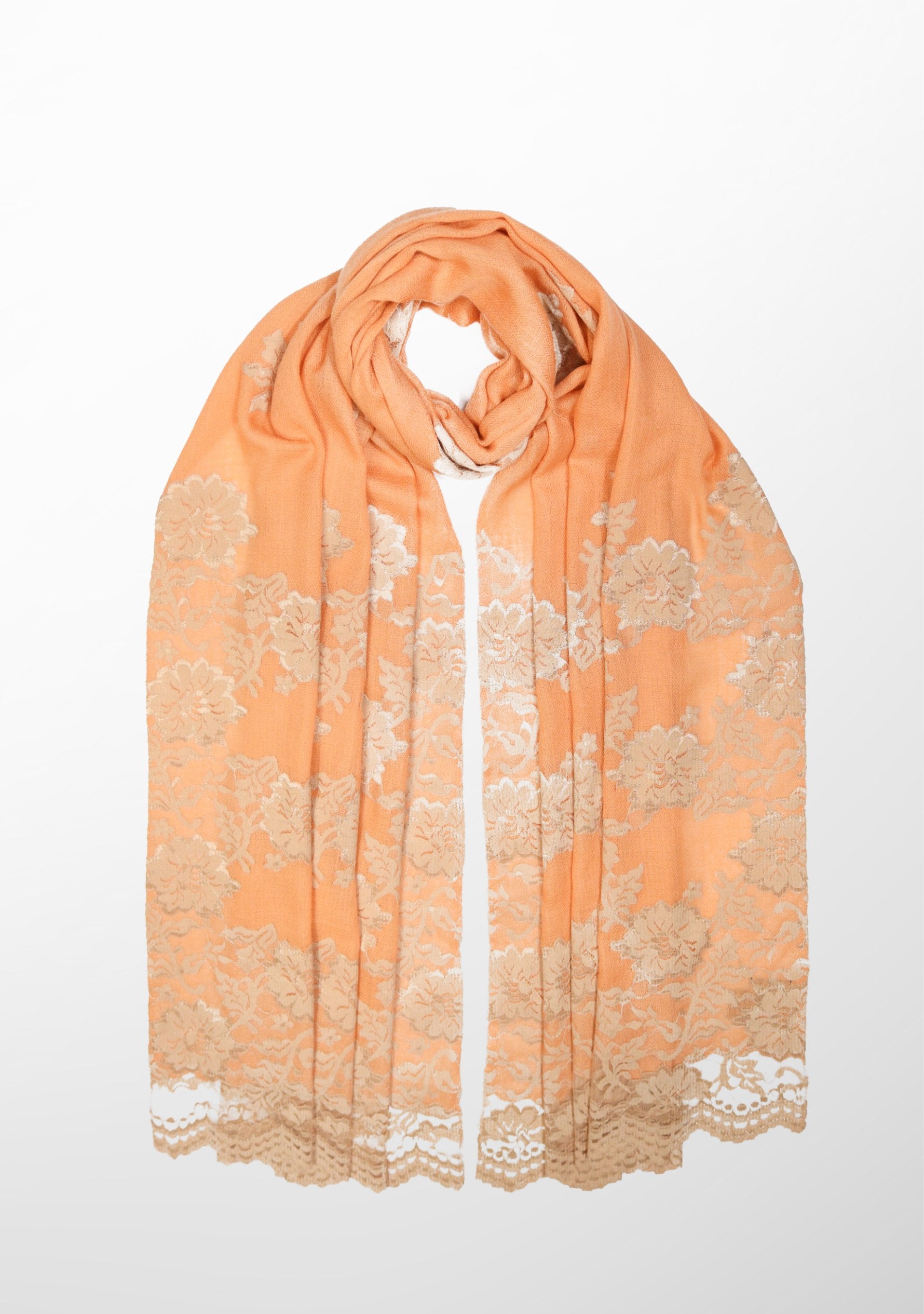 Dusty Orange Cashmere Scarf with Lt. Copper and Pink Chantilly Lace