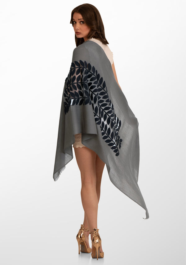 Mousse Cashmere Scarf with Charcoal Suede Leather Leaf Appliqué Center Patch