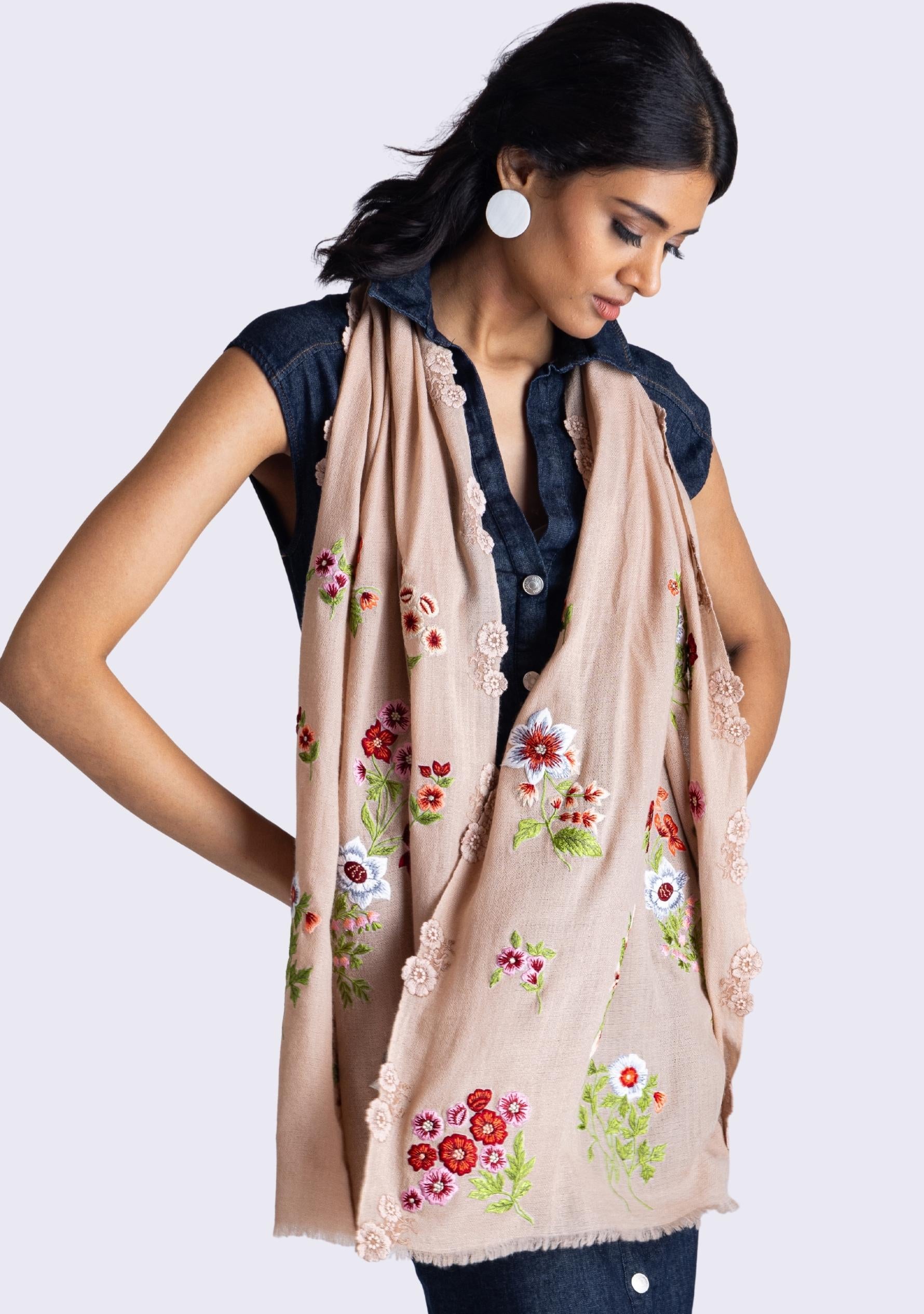 Lt. Copper Cashmere Scarf
Multi-colored Embroidery & Lt. Copper Lace