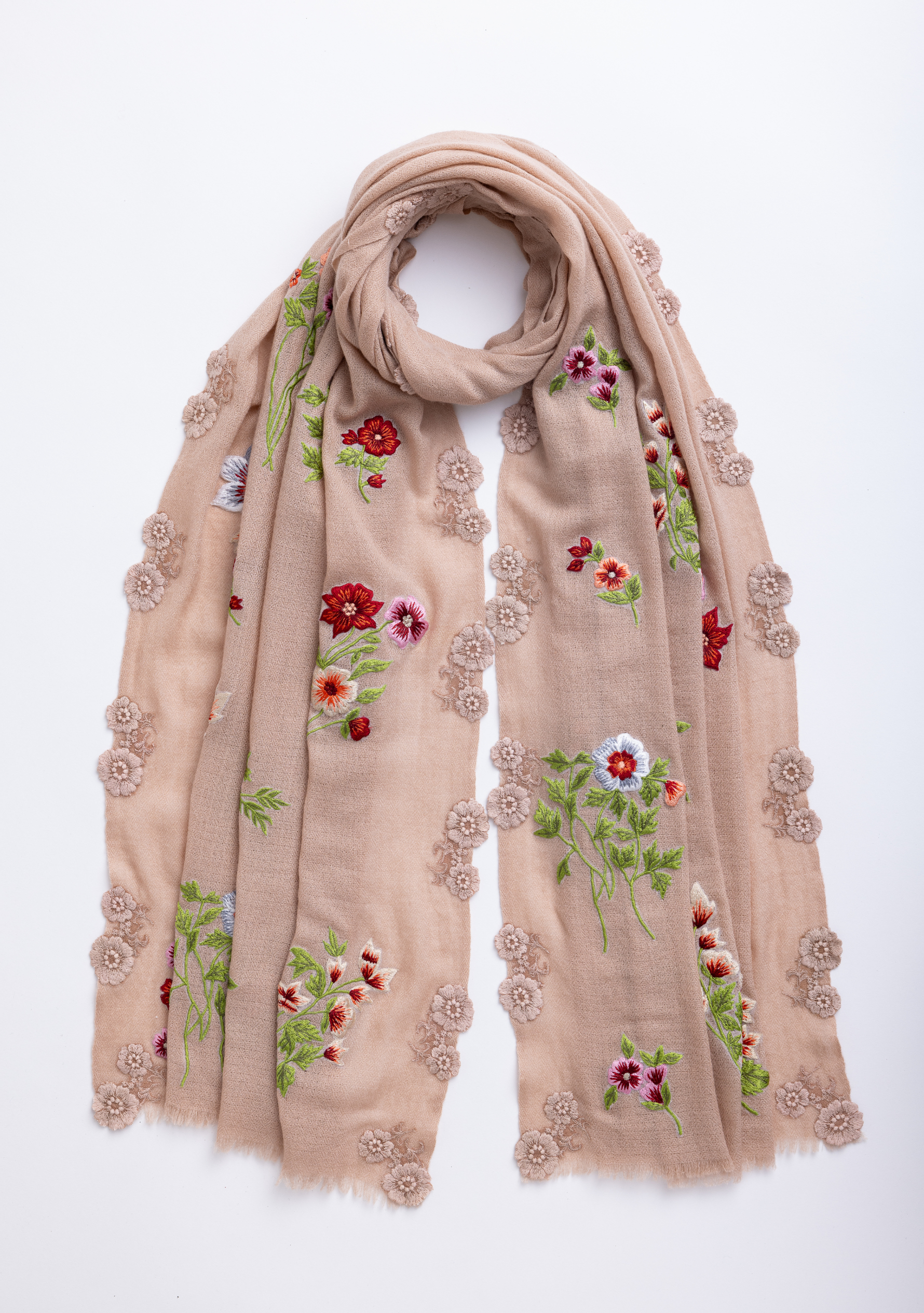 Lt. Copper Cashmere Scarf with Multi-colored Floral Embroidery and Lt. Copper Floral Lace Appliques