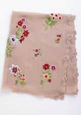 Lt. Copper Cashmere Scarf with Multi-colored Floral Embroidery and Lt. Copper Floral Lace Appliques