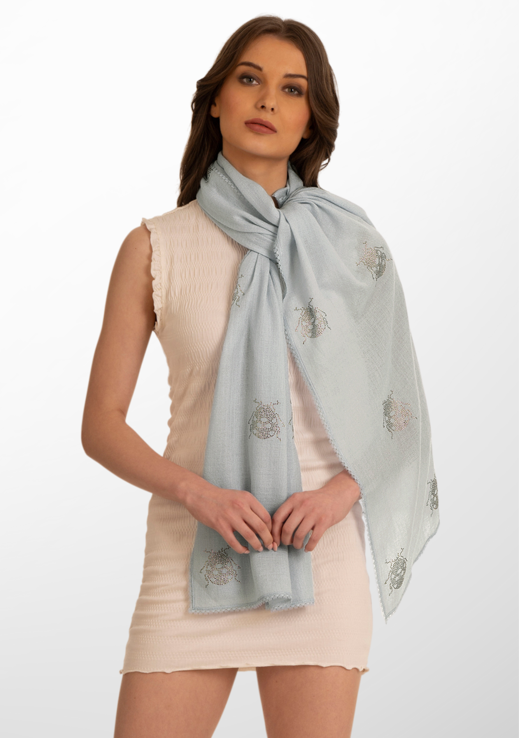 Powder Blue Wool and Silk Scarf with Dk. Pink Swarovski Motifs andPowder Blue Lace Border