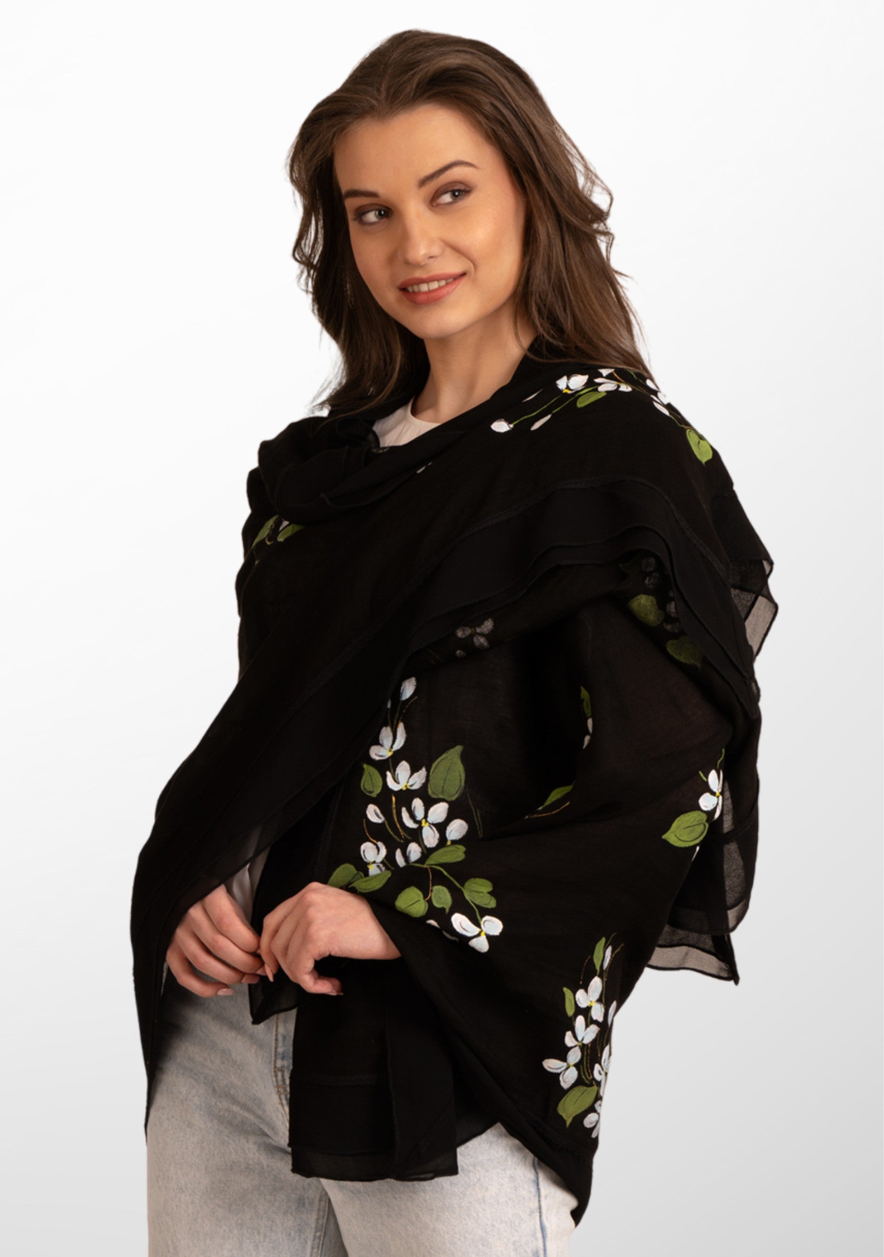 Black Linen and Modal Scarf with Hand-Painted Blooming Branches Design and a Black Frill and Lace Border