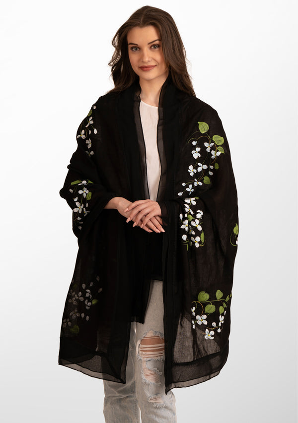 Black Linen and Modal Scarf with Hand-Painted Blooming Branches Design and a Black Frill and Lace Border