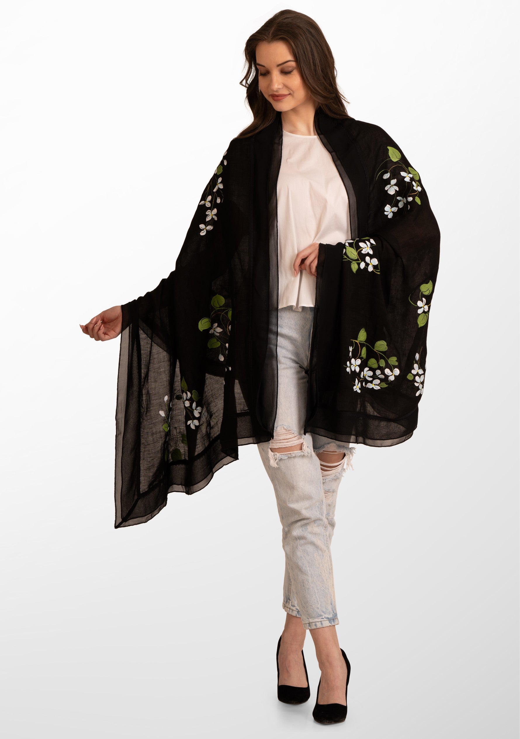 Black Linen and Modal Scarf with Hand-Painted Blooming Branches Design and a Black Frill and Lace Border