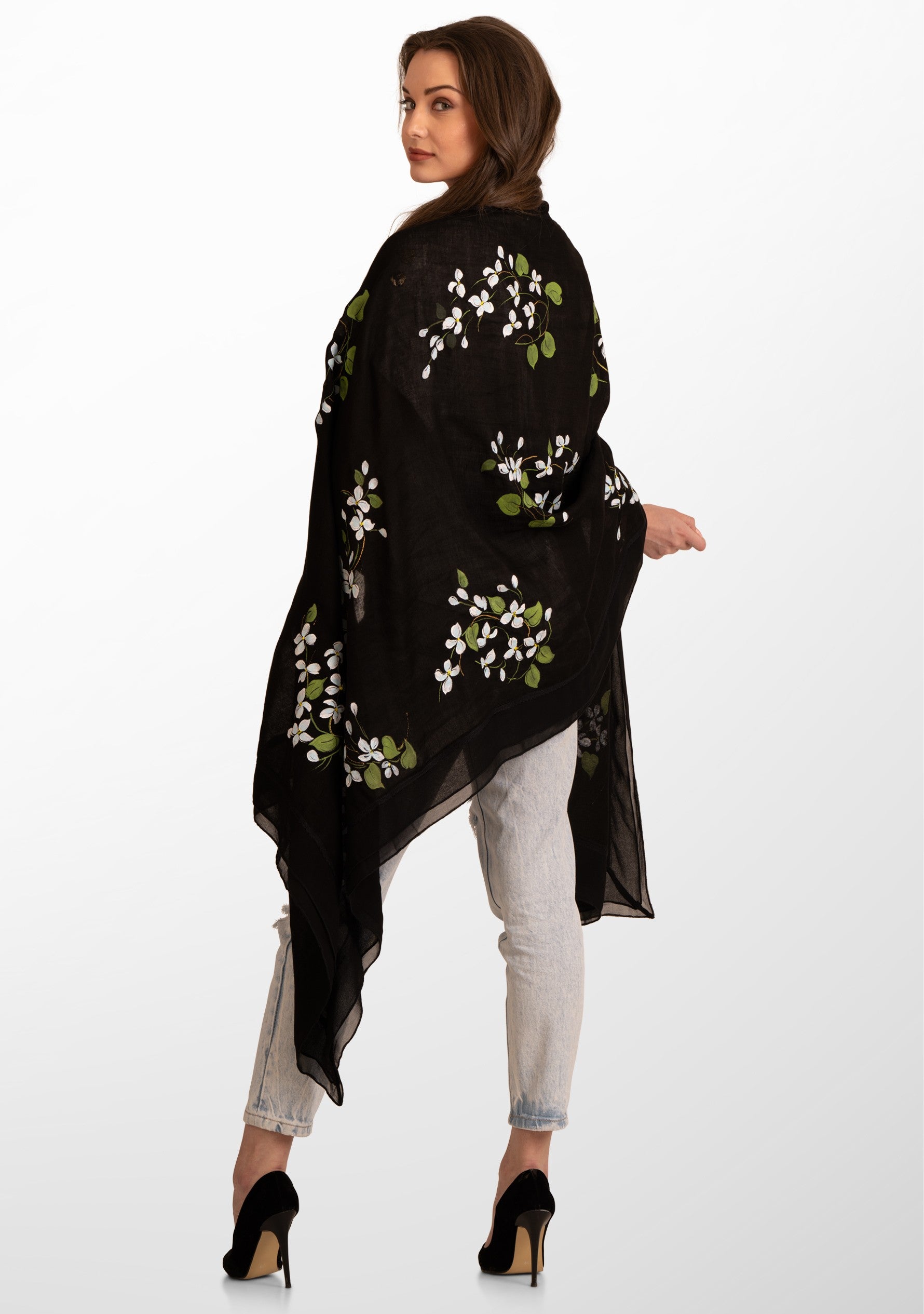 Black Linen and Modal Scarf with Hand-Painted Blooming Branches Design and a Black Frill and Lace Border