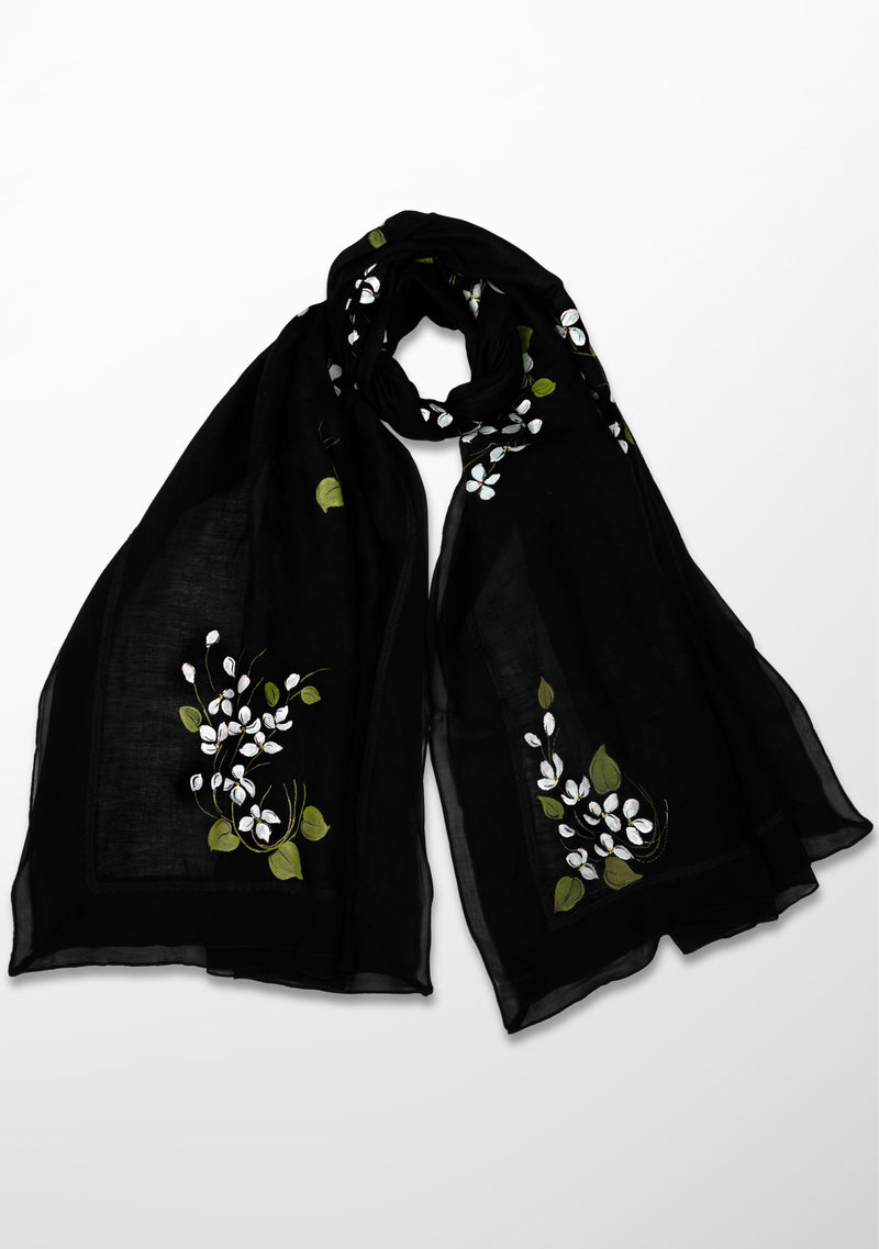 Black Linen and Modal Scarf with Hand-Painted Blooming Branches Design and a Black Frill and Lace Border
