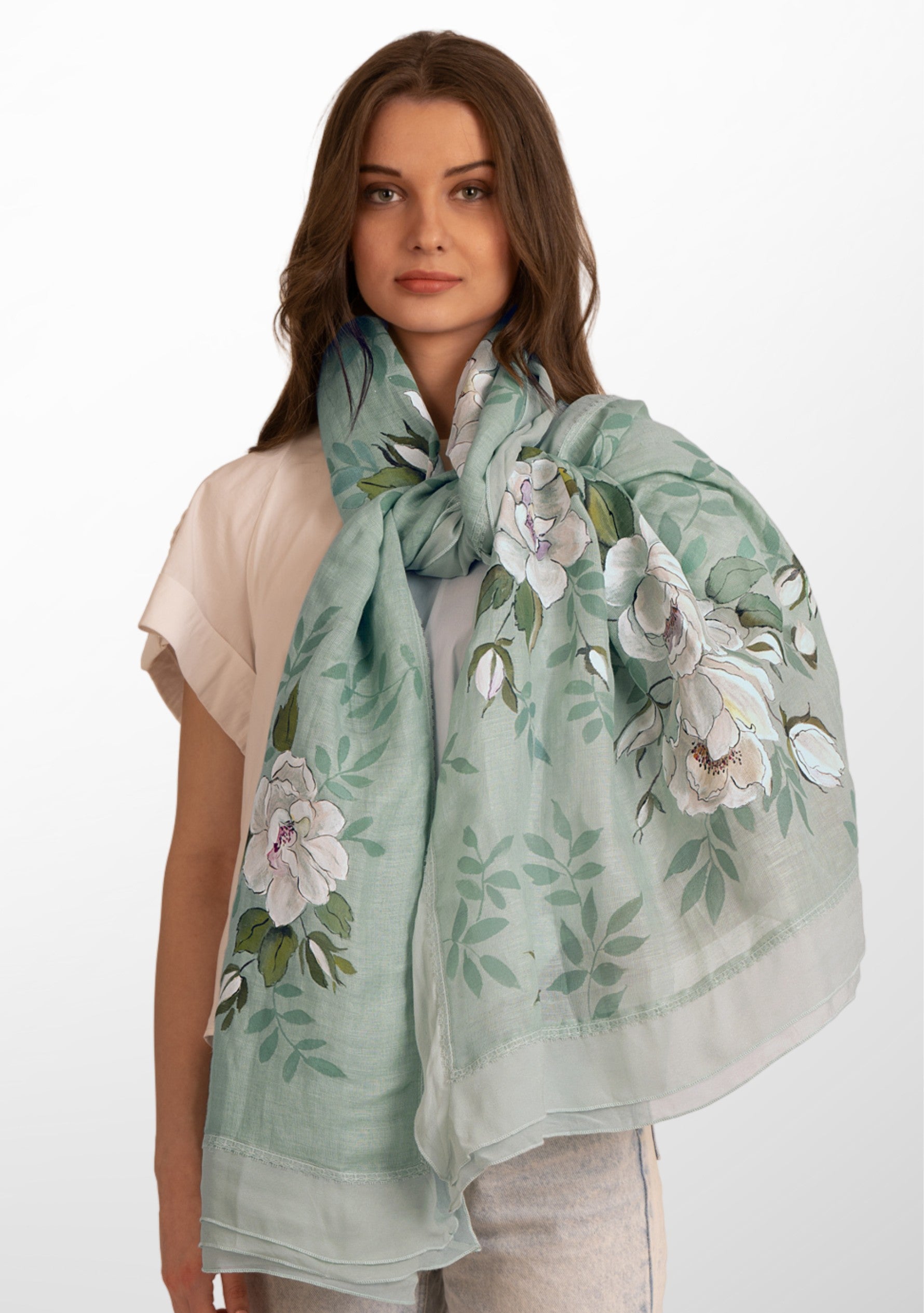 Lt. Pistachio Linen and Modal Scarf with Hand-Painted Amour Design and a Lt. Pistachio Frill and Lace Border