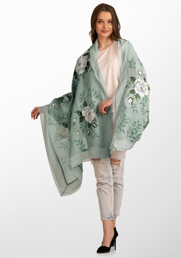 Lt. Pistachio Linen and Modal Scarf with Hand-Painted Amour Design and a Lt. Pistachio Frill and Lace Border