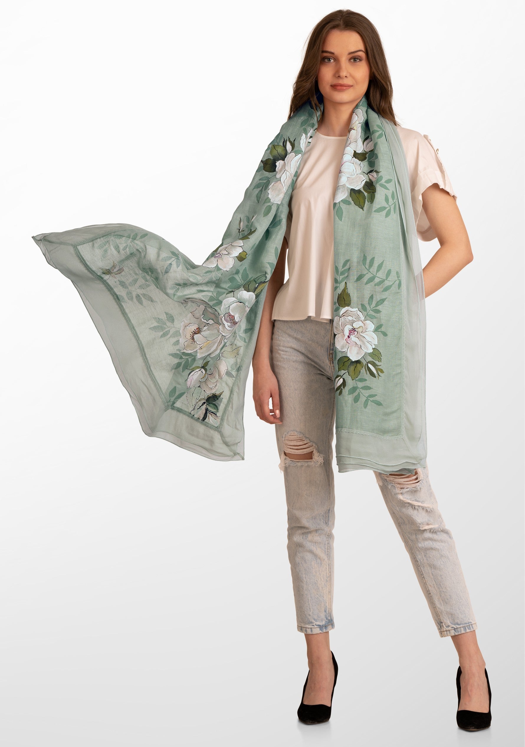 Lt. Pistachio Linen and Modal Scarf with Hand-Painted Amour Design and a Lt. Pistachio Frill and Lace Border