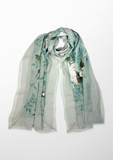 Lt. Pistachio Linen and Modal Scarf with Hand-Painted Amour Design and a Lt. Pistachio Frill and Lace Border