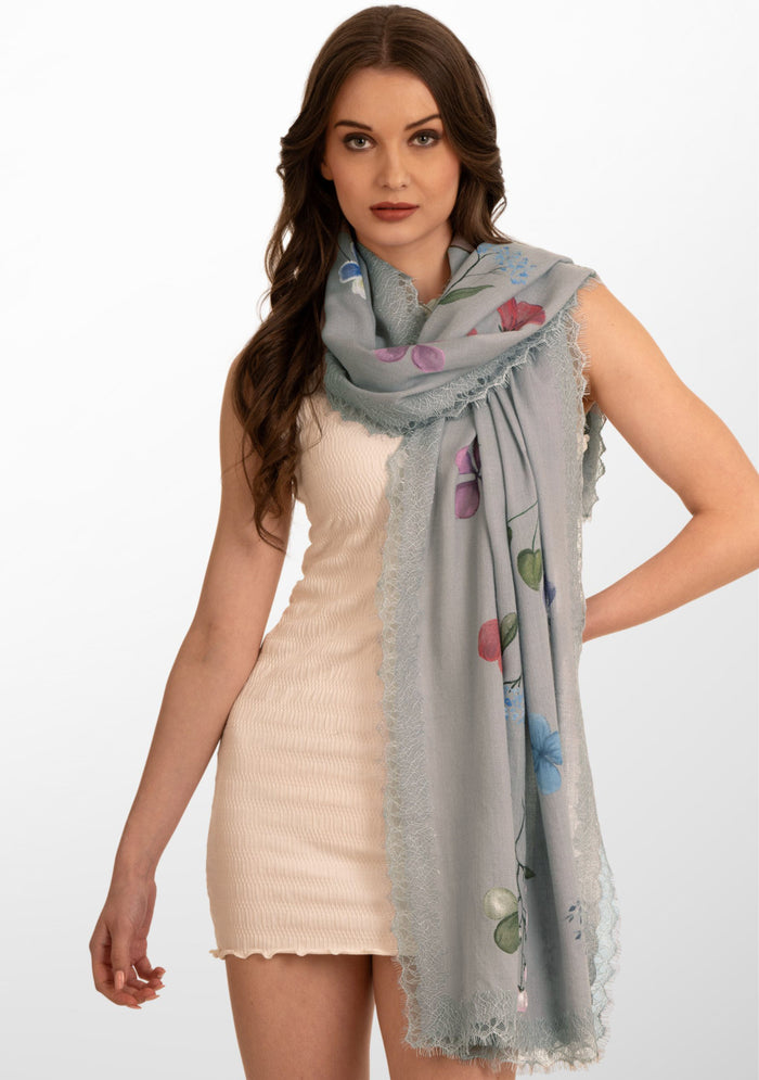 Lt. Gray Cashmere Scarf Hand-Painted & Lt. Gray Lace