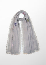 Lt. Grey Cashmere Scarf with Hand-Painted Prime Design and a Lt. Grey Lace Border