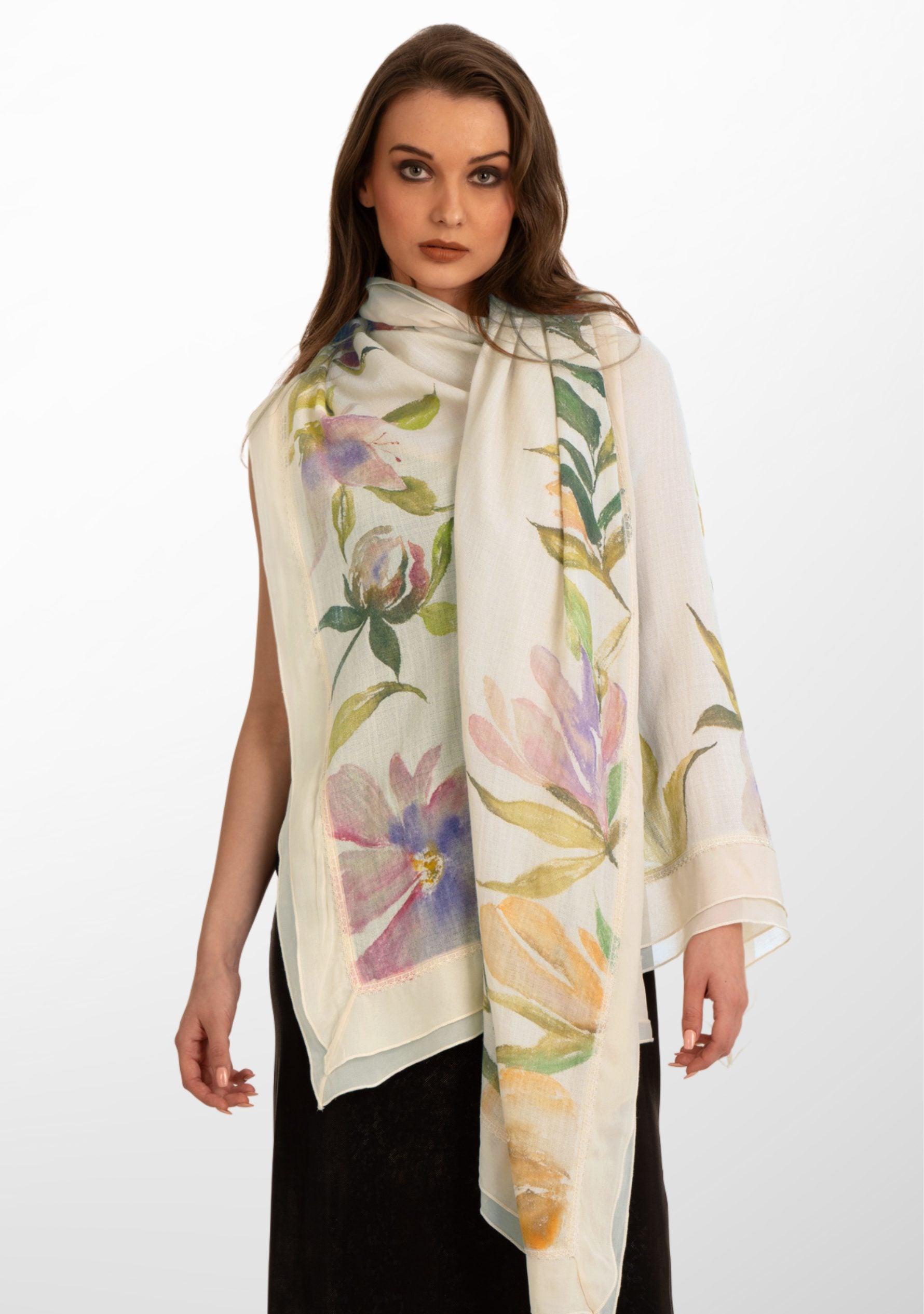 Beige Cashmere Scarf with Hand-Painted Revival Design and a Beige Frill and Lace Border