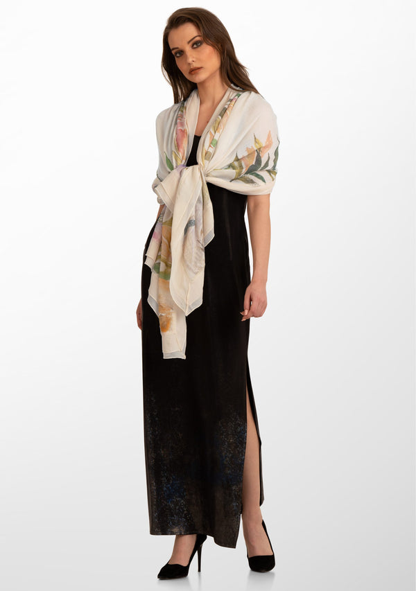 Beige Cashmere Scarf with Hand-Painted Revival Design and a Beige Frill and Lace Border