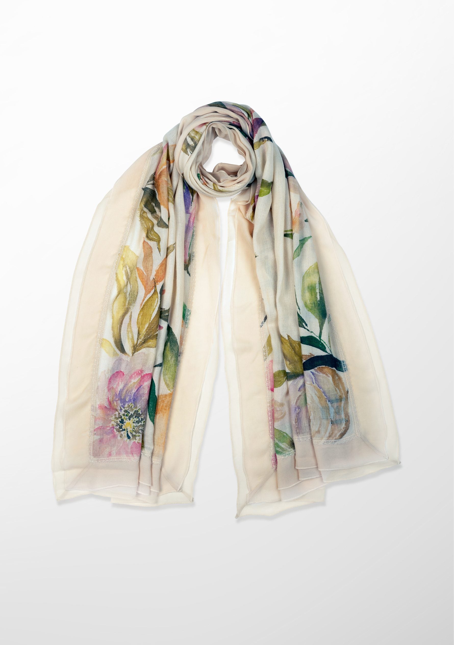 Beige Cashmere Scarf with Hand-Painted Revival Design and a Beige Frill and Lace Border