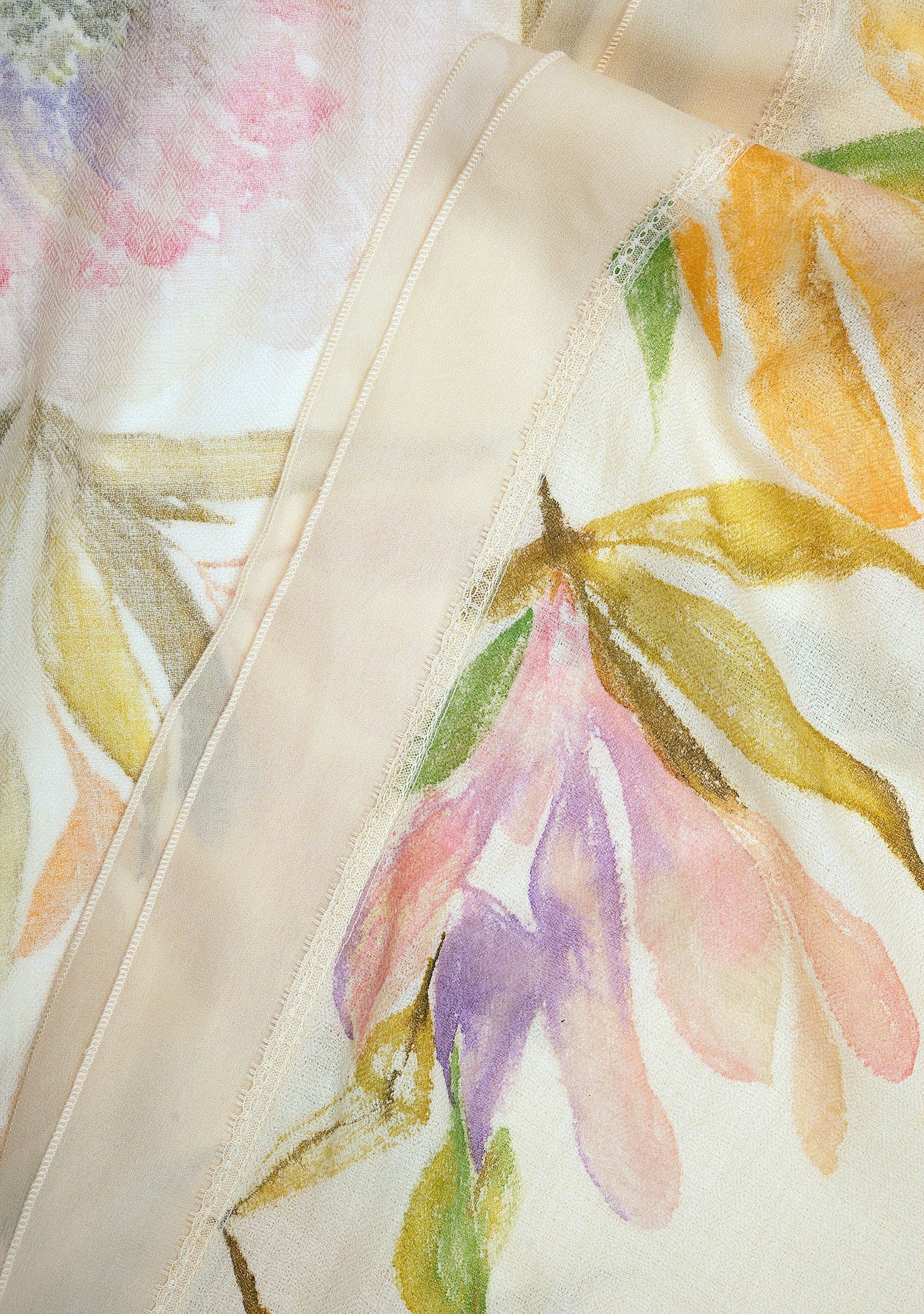 Beige Cashmere Scarf with Hand-Painted Revival Design and a Beige Frill and Lace Border