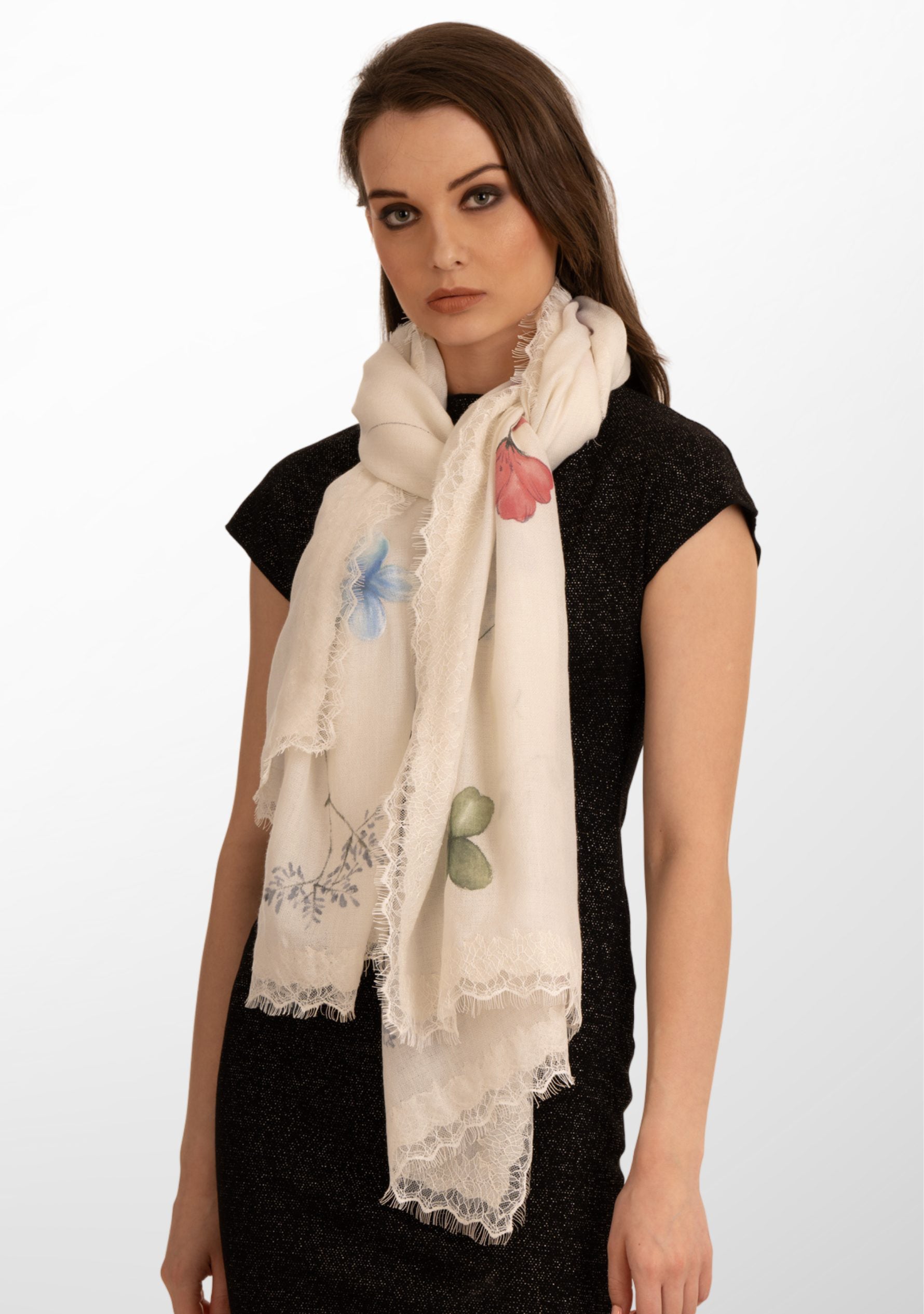 Ivory Cashmere Scarf with Hand-Painted Prime Design and an Ivory Lace Border