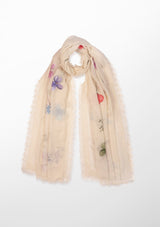 Ivory Cashmere Scarf with Hand-Painted Prime Design and an Ivory Lace Border