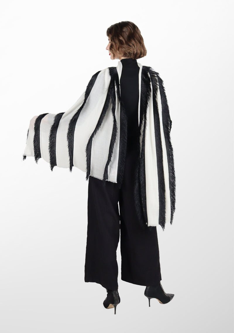 Ivory Wool and Silk Scarf with Black Fringe Panels