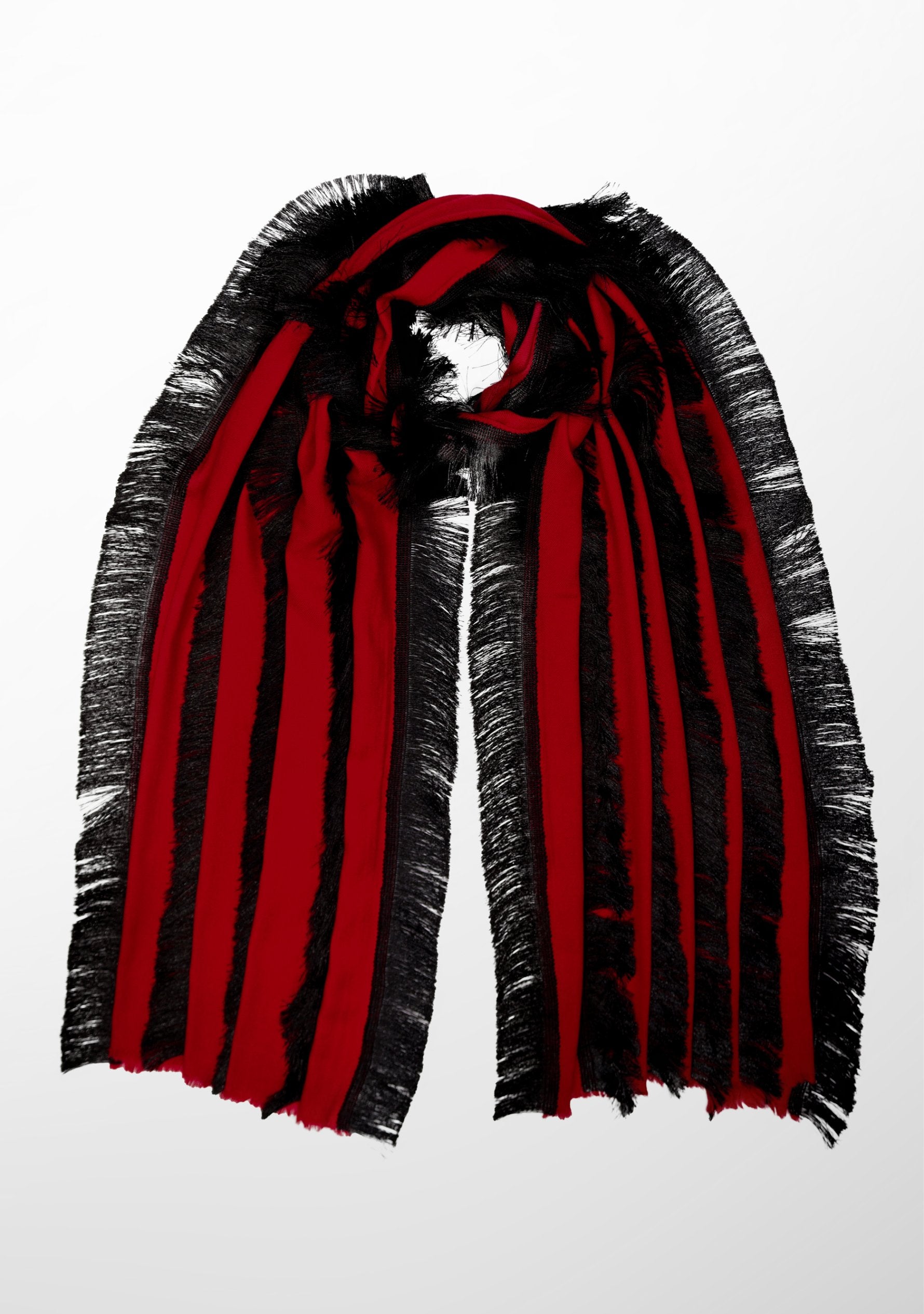 Red Wool and Silk Scarf with Black Fringe Panels