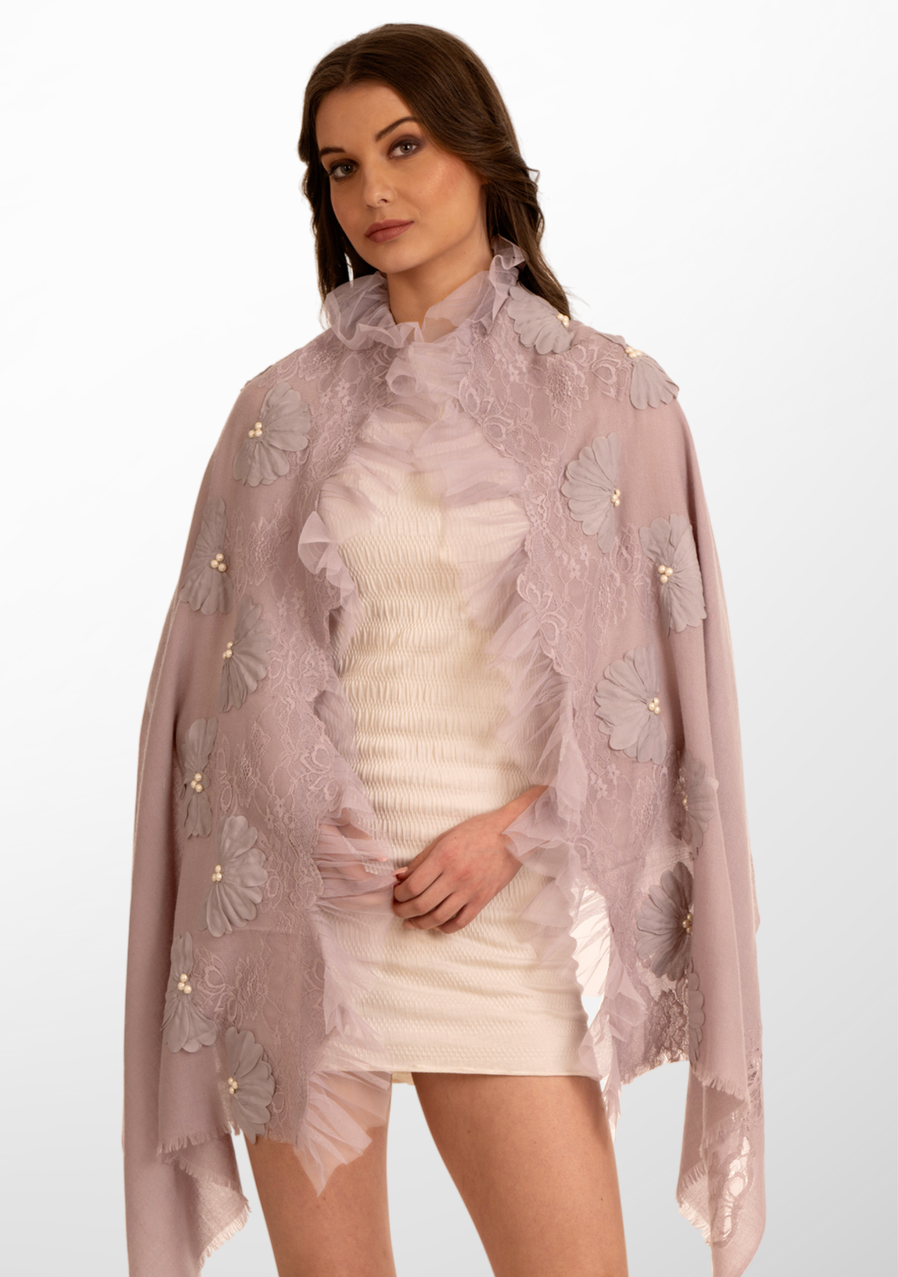 Lavender Cashmere Scarf with Pearls, Embroidery, Frill and Lace Detailing