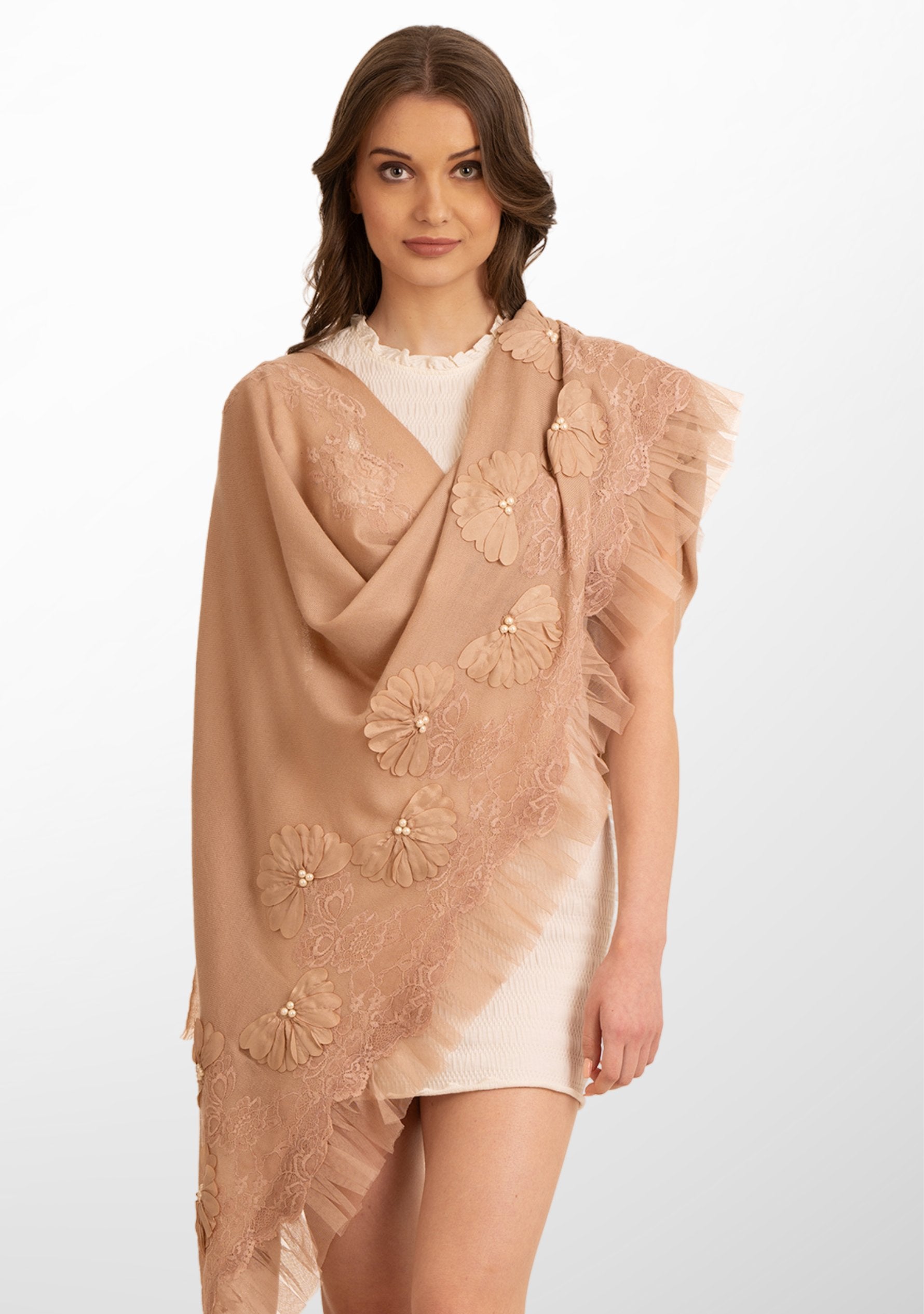 Fawn Cashmere Scarf with Pearls, Embroidery, Frill and Lace Detailing