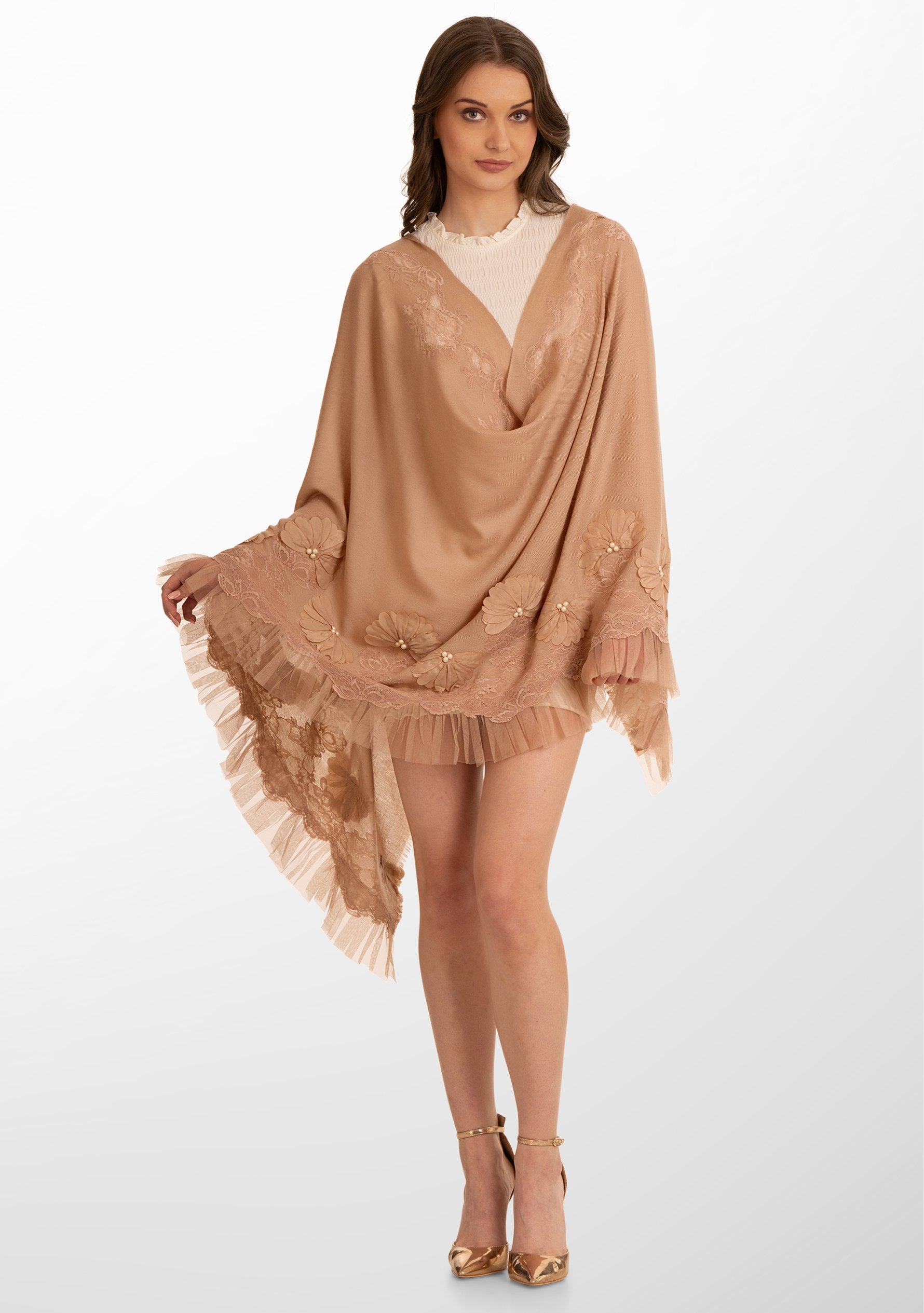 Fawn Cashmere Scarf with Pearls, Embroidery, Frill and Lace Detailing